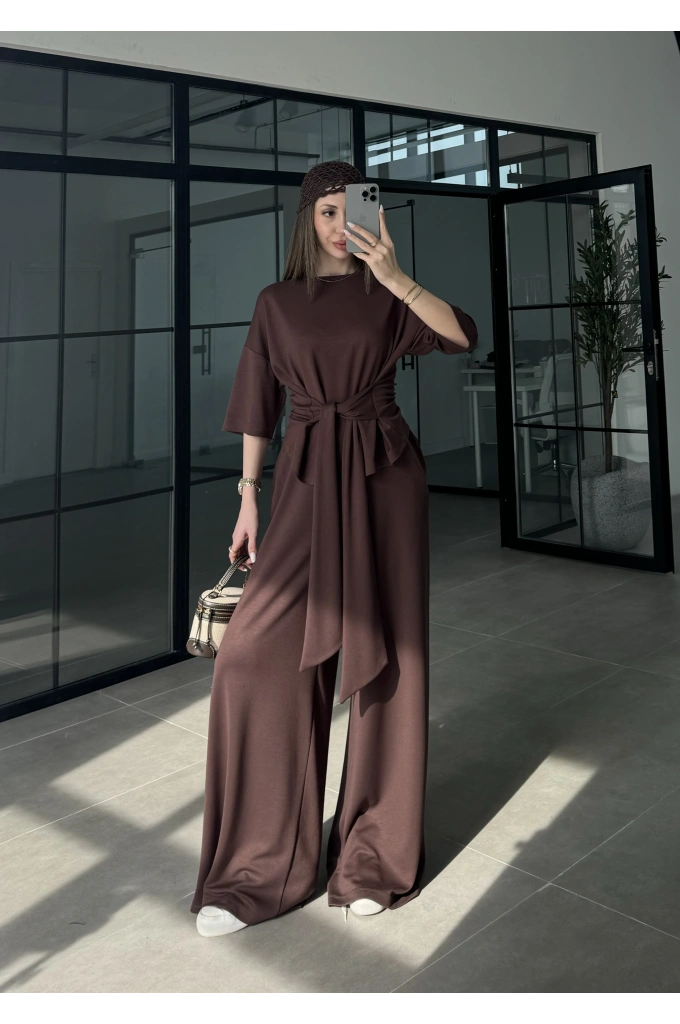 Önden Bağlamalı Model Kumaş Kahve Takım