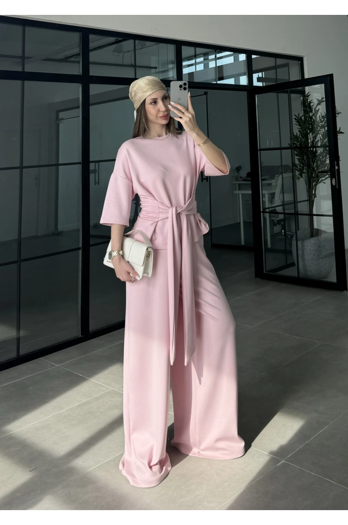 Önden Bağlamalı Model Kumaş Pembe Takım