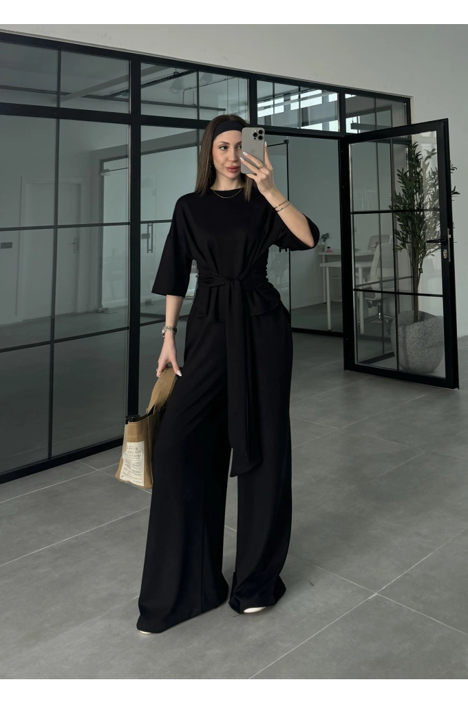 Önden Bağlamalı Model Kumaş Siyah Takım