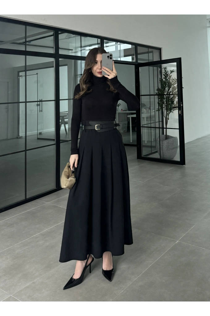 Kemerli Pileli Dökümlü Siyah Tensel Etek