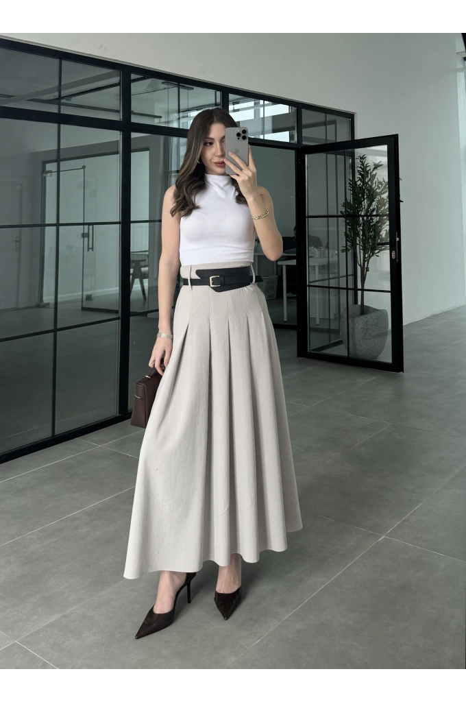 Kemerli Pileli Dökümlü Taş Tensel Etek