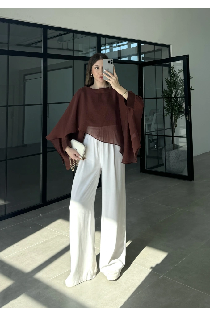 Uçuşan Pelerin Tarçın Tül Bluz