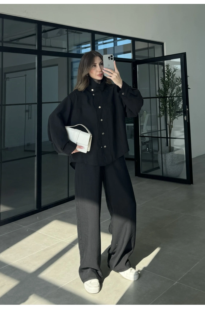 Boyundan Parçalı Siyah Bomber Takım