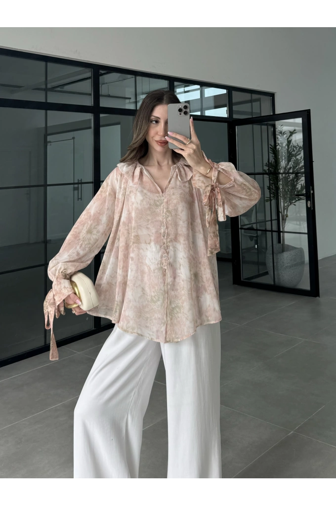 Arka Beli Büzgülü Vintage Pembe Şifon Bluz