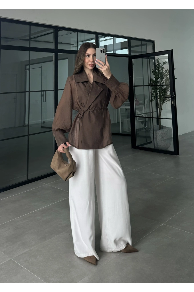 Kuşaklı Balonkol Kahve Tül Bluz