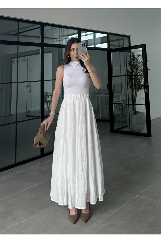 Vual Beli Lastikli Beyaz Kraş Etek