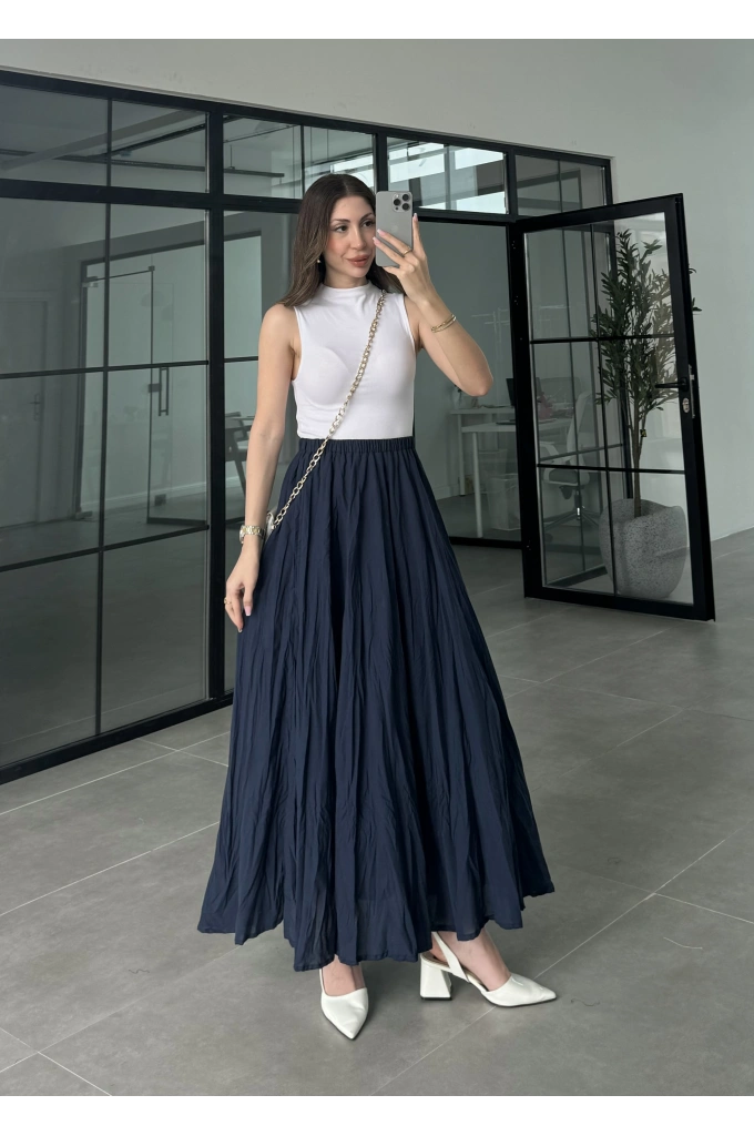 Vual Beli Lastikli Lacivert Kraş Etek