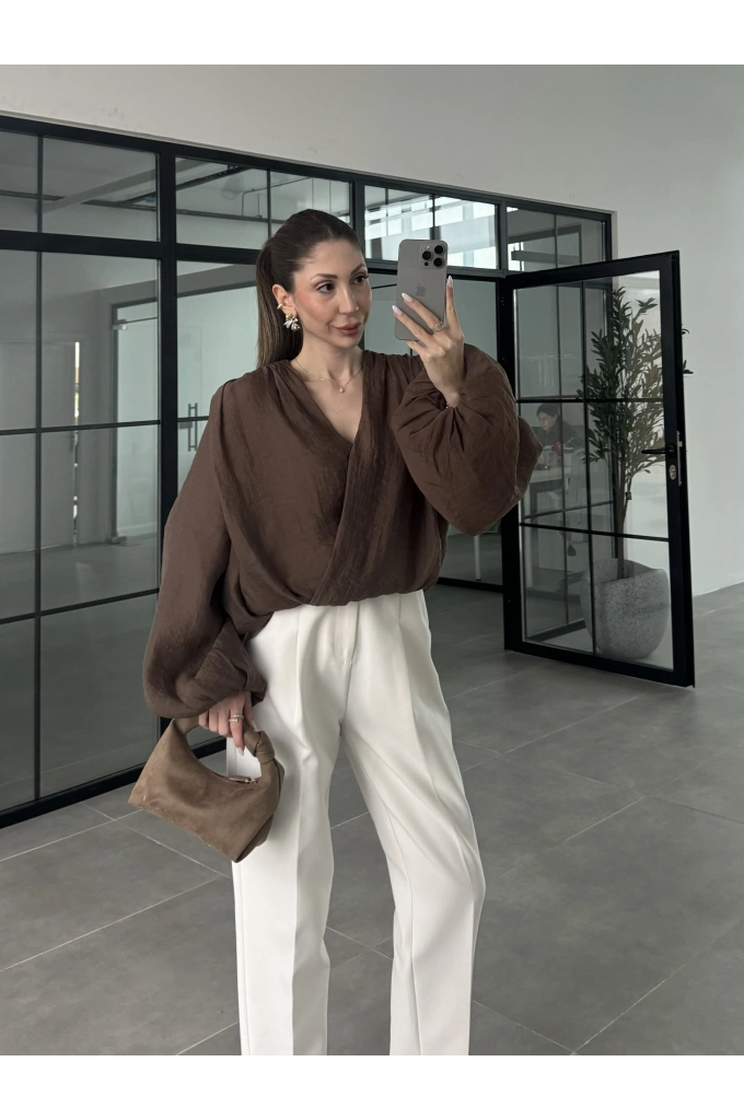 Kruvaze Vatkalı Tül Kahve Bluz