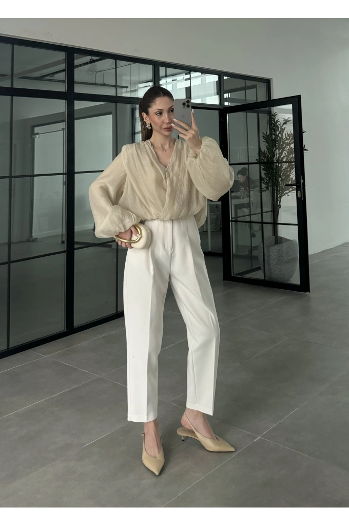 Kruvaze Vatkalı Tül Taş Bluz