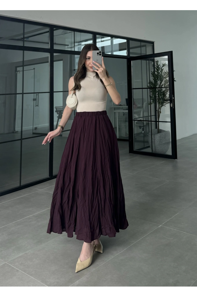 Vual Beli Lastikli Bordo Kraş Etek