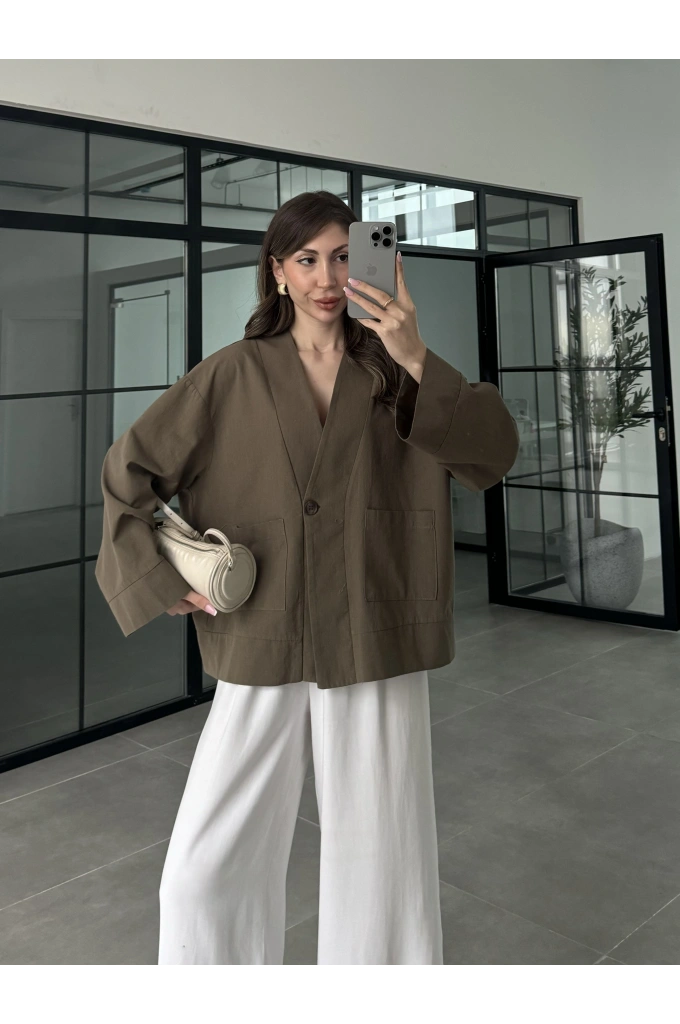 V Yaka Tek Düğme Keten Haki Ceket