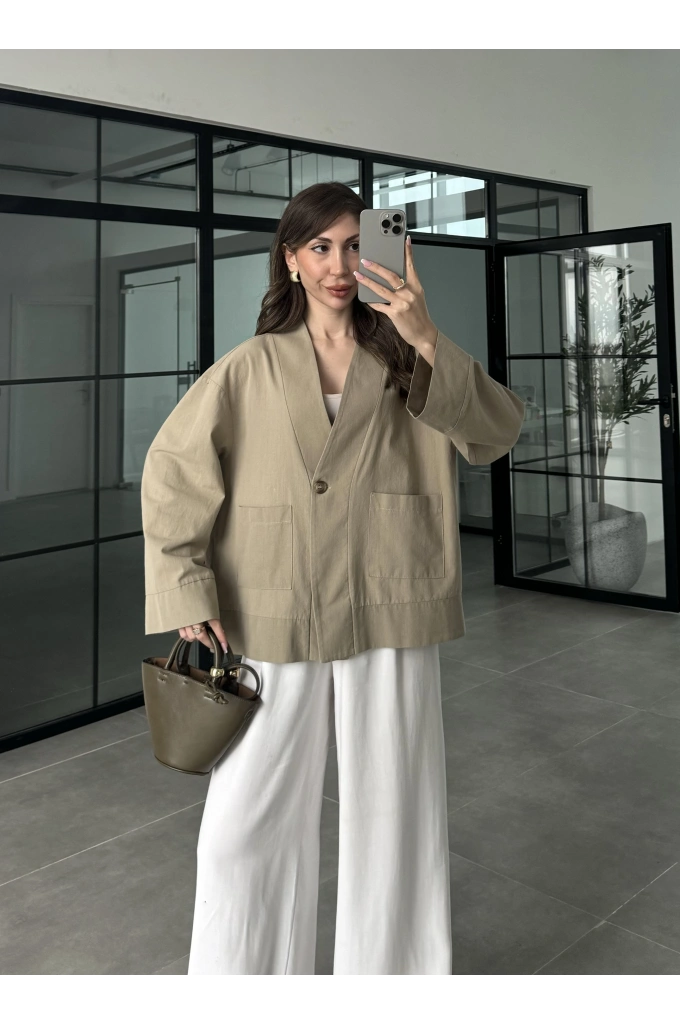 V Yaka Tek Düğme Keten Vizon Ceket