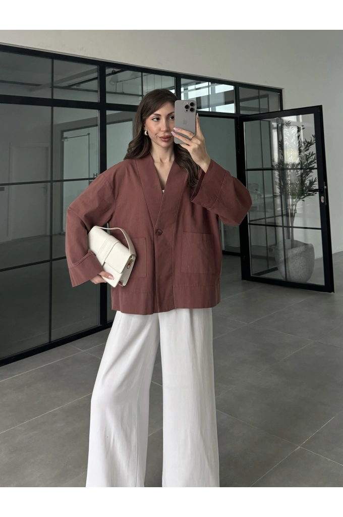 V Yaka Tek Düğme Keten Kiremit Ceket