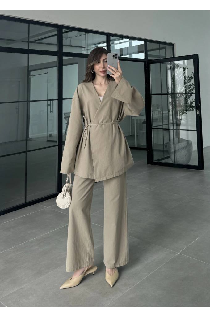 Ola Kuşaklı Keten Kimono Vizon Takım
