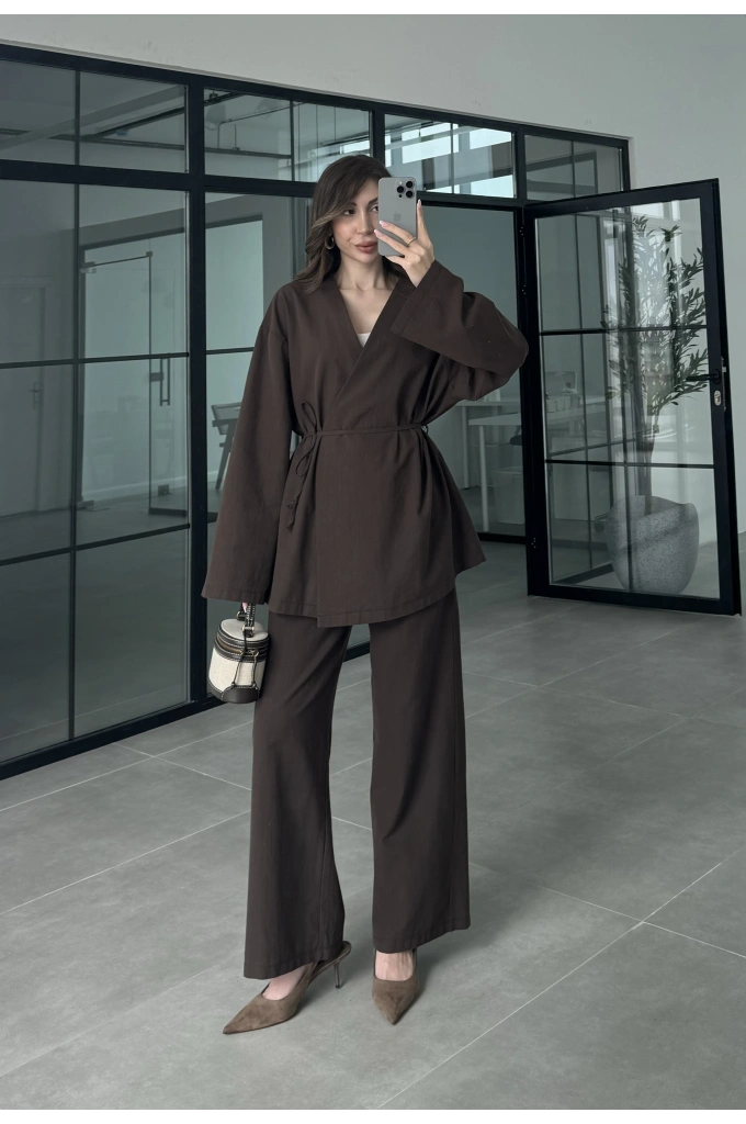 Ola Kuşaklı Keten Kimono Kahve Takım