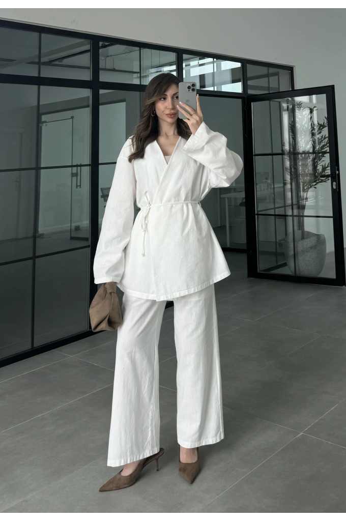 Ola Kuşaklı Keten Kimono Ekru Takım