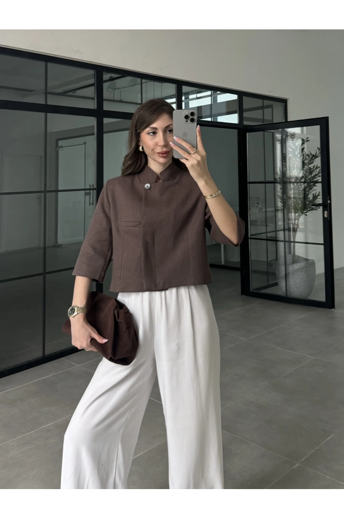 Astarlı Crop Kahve Keten Ceket