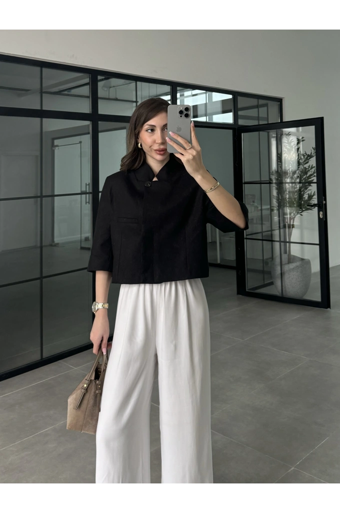 Astarlı Crop Siyah Keten Ceket