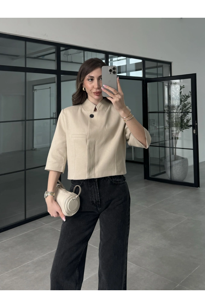 Astarlı Crop Taş Keten Ceket