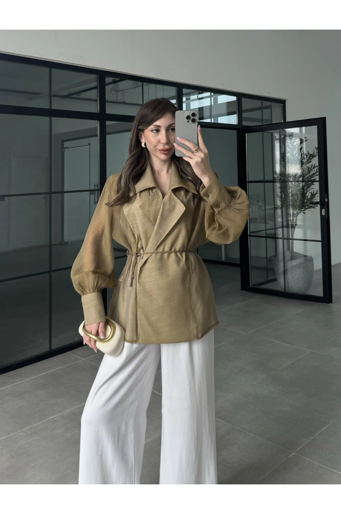 Kuşaklı Balonkol Olive Tül Bluz