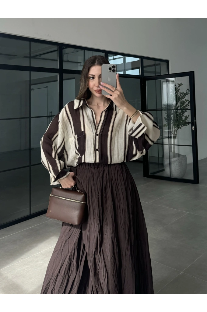 Çizgili Oversize Kahve Gömlek