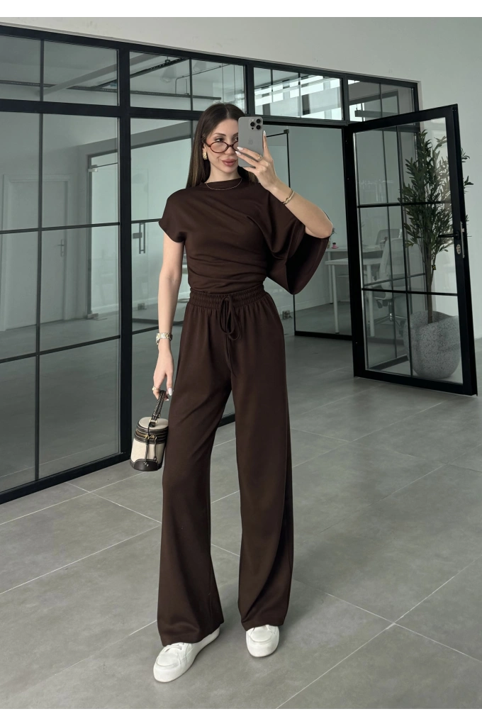 Zr Model Modal Kumaş Tek Kol Yarasa Kahve Büzgülü Takım