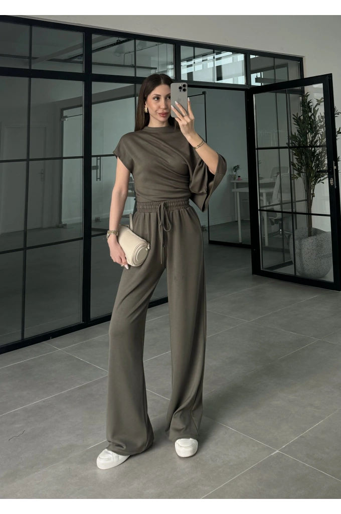 Zr Model Modal Kumaş Tek Kol Yarasa Haki Büzgülü Takım