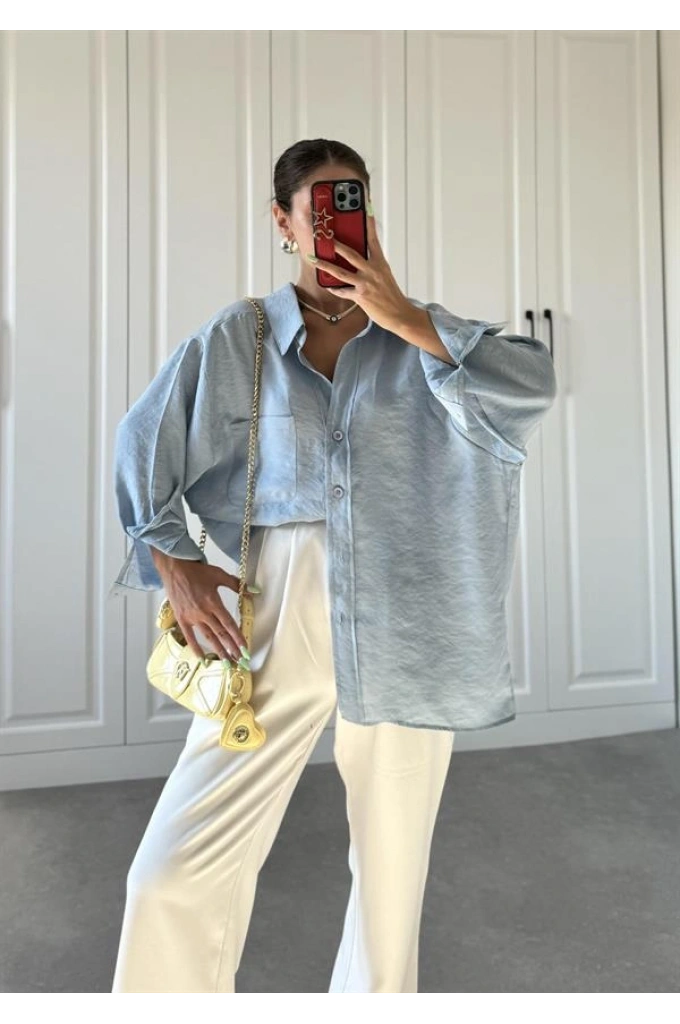 Açık Mavi Oversize Tensel Gömlek