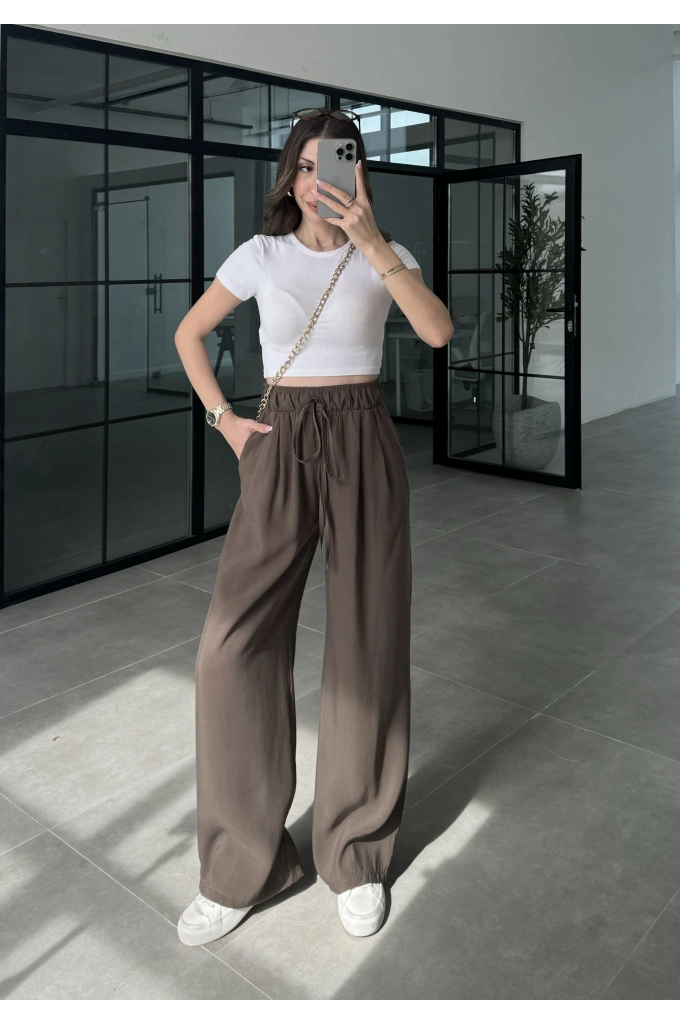Alen Beli Lastikli Kahve Tensel Pantolon