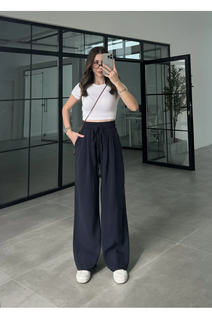 Alen Beli Lastikli Lacivert Tensel Pantolon