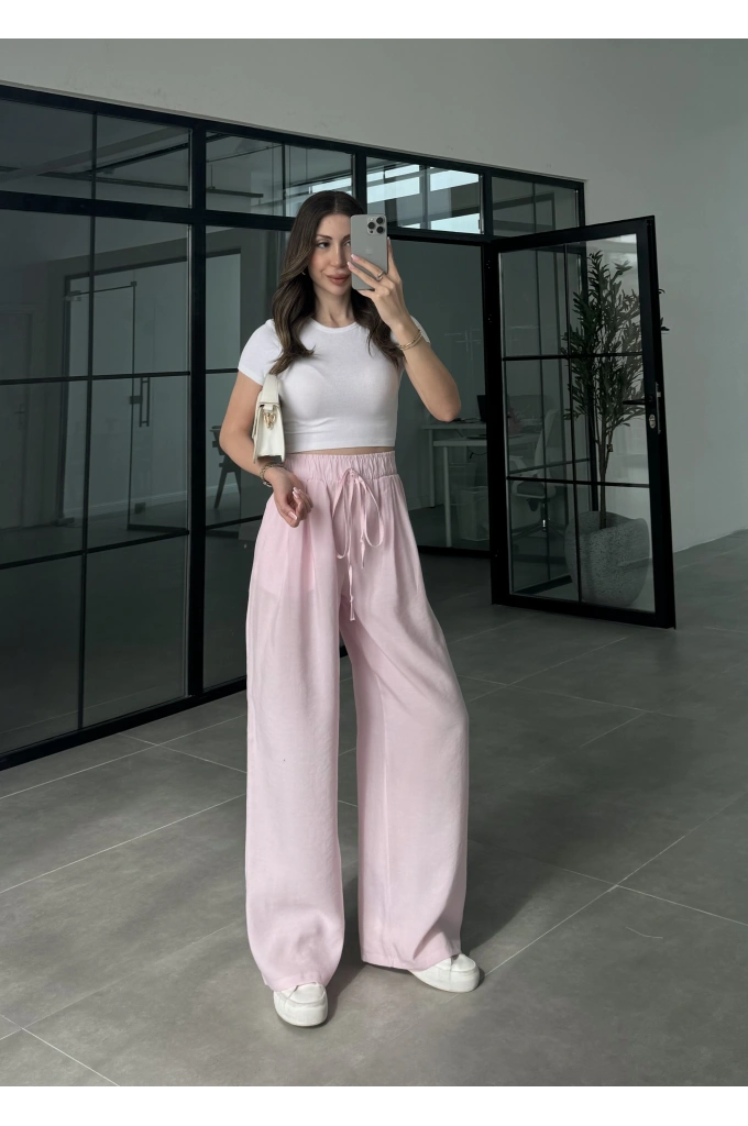 Alen Beli Lastikli Pembe Tensel Pantolon
