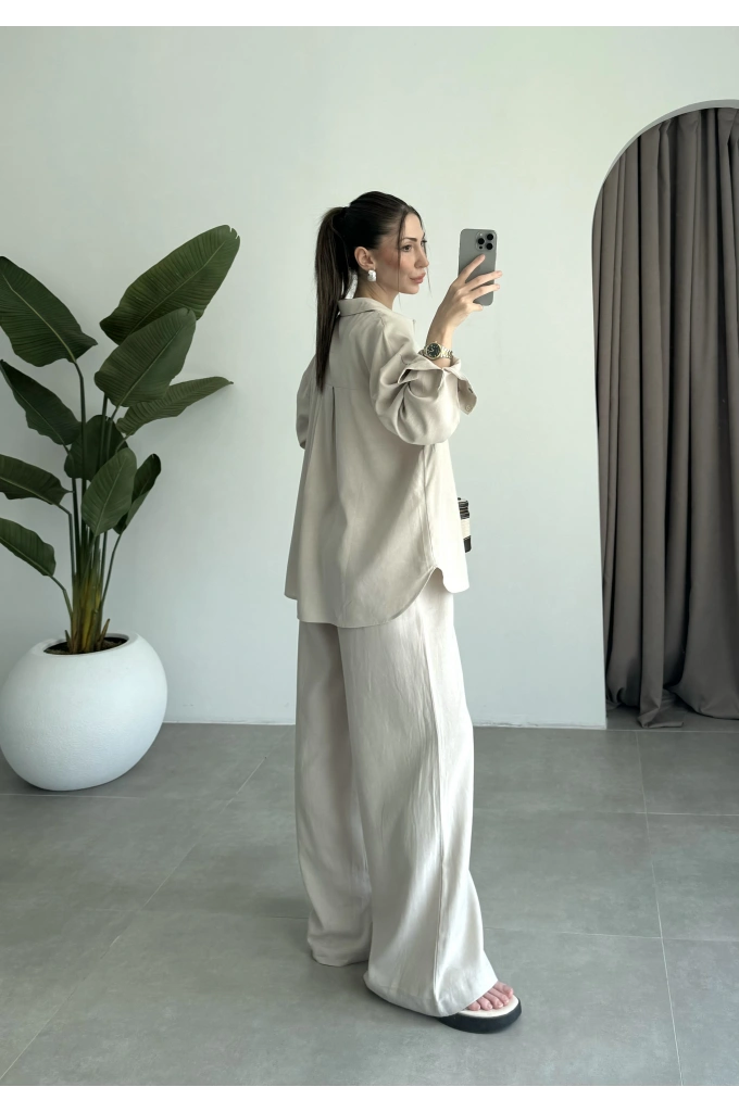 Anna Oversize Keten Bej Palazzo Takım