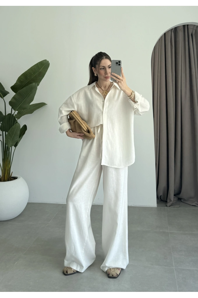 Anna Oversize Keten Ekru Palazzo Takım