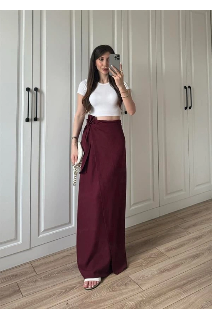 Anvelop Keten Uzun Bordo Etek