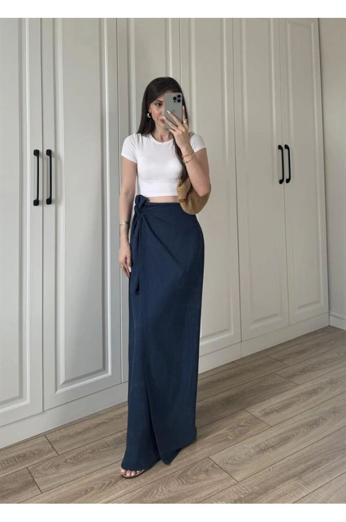 Anvelop Keten Uzun Lacivert Etek