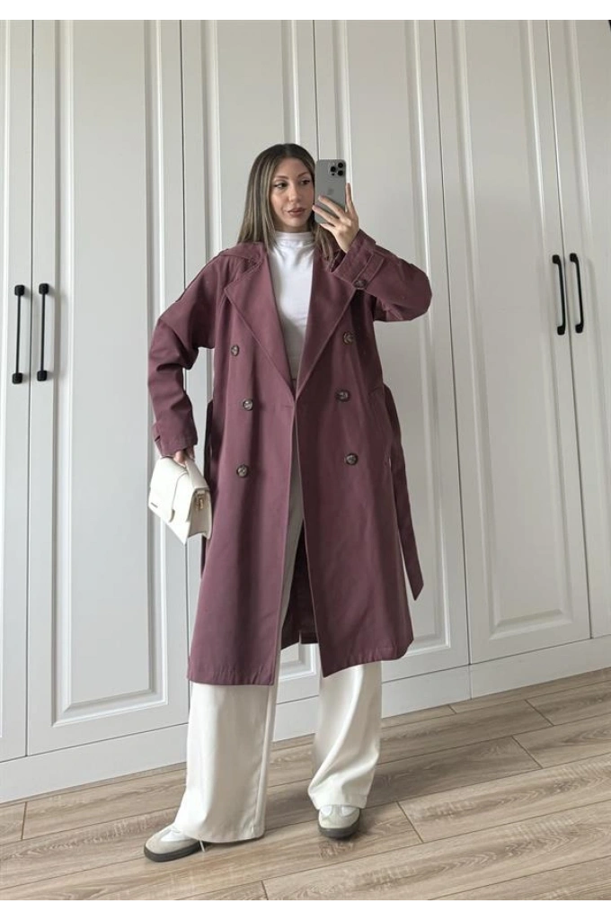 Aria Kuşaklı Astarlı Premium Bordo Trençkot