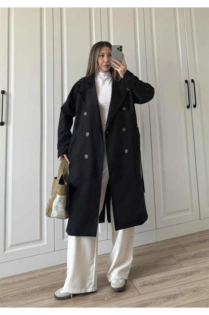 Aria Kuşaklı Astarlı Premium Siyah Trençkot