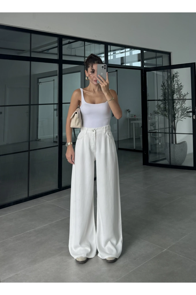 Arka Beli Lastikli Tensel Beyaz Palazzo Jean