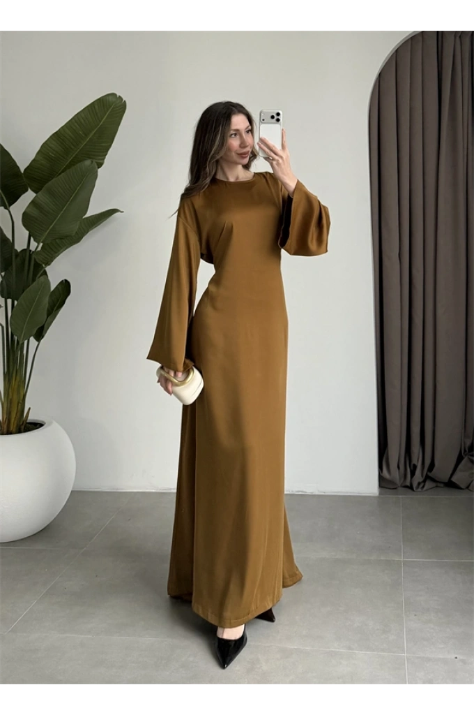 Arkadan Bağlamalı Yağ Yeşili Saten Elbise