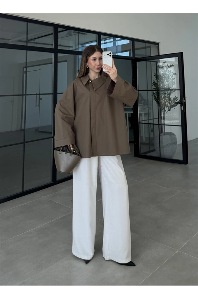 Asimetrik Yaka Oversize Haki Gömlek