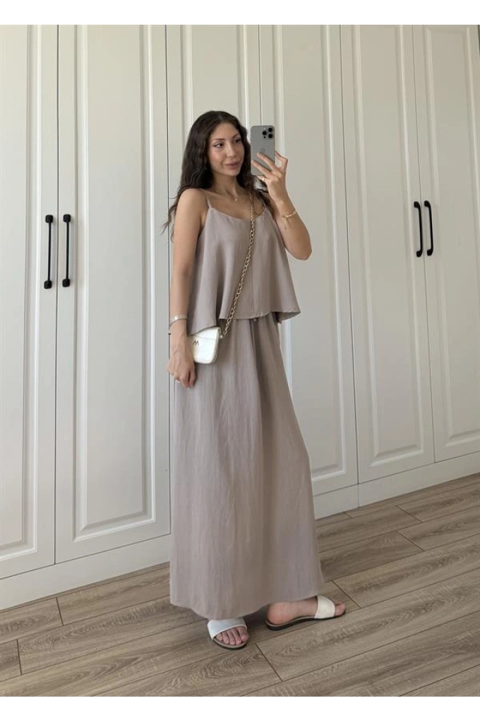 Askılı Etekli Premium Tensel Bej Takım