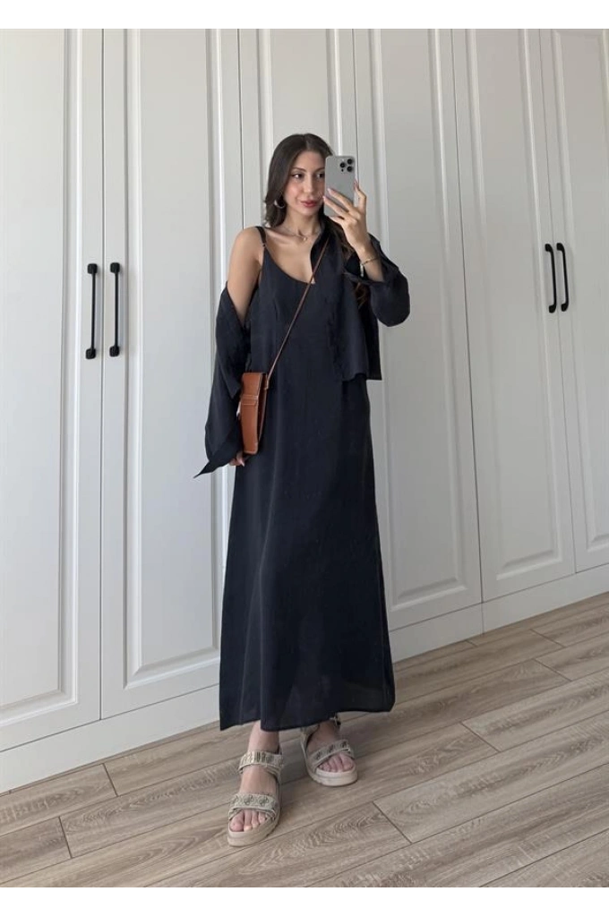 Askılı Siyah İkili Gömlek Elbise