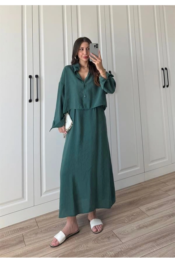 Askılı Zümrüt Yeşili İkili Gömlek Elbise