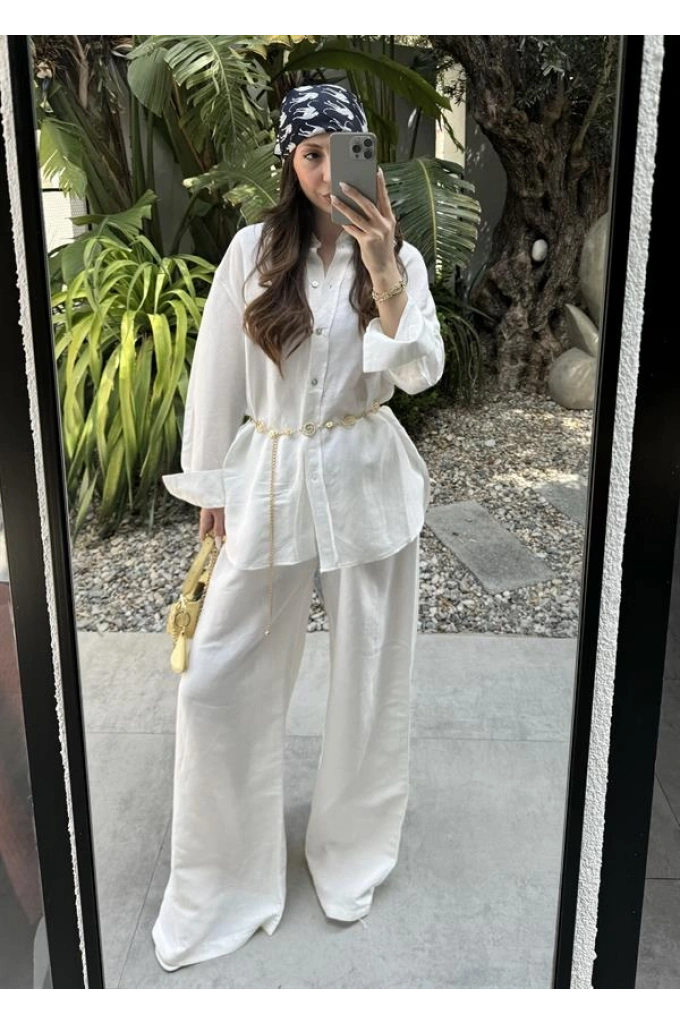 Atina Oversize Basic Beyaz Keten Takım