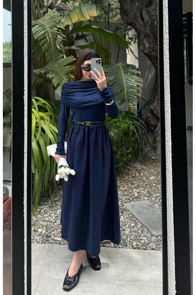 Ayla Büzgü Yaka Tasarım Lacivert Elbise