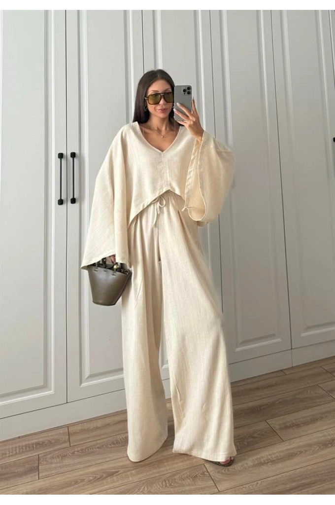 Ayla V Yaka Keten Premium Taş Takım