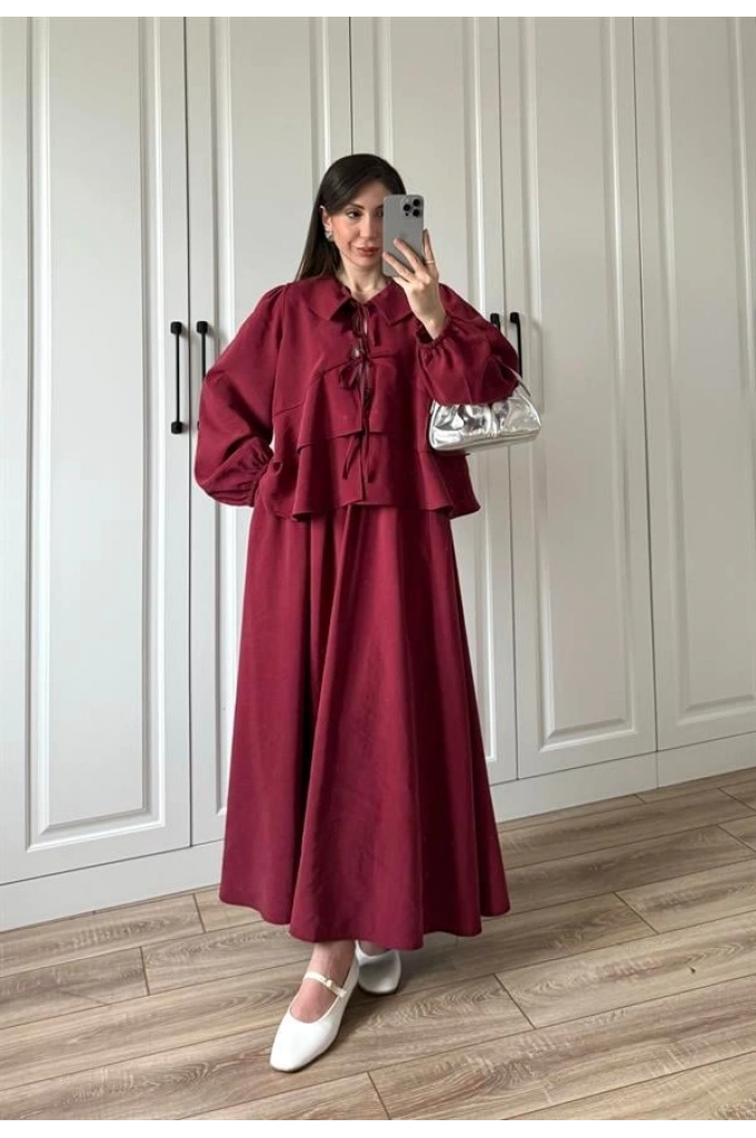 Bebe Yaka Tasarım Bordo Modal Etekli Takım