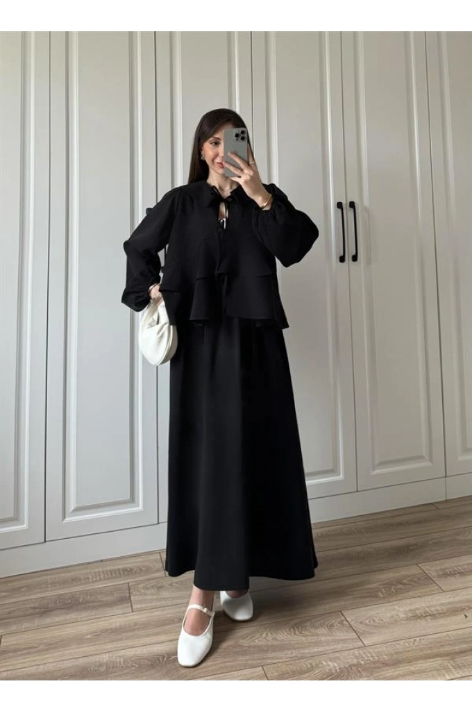 Bebe Yaka Tasarım Siyah Modal Etekli Takım