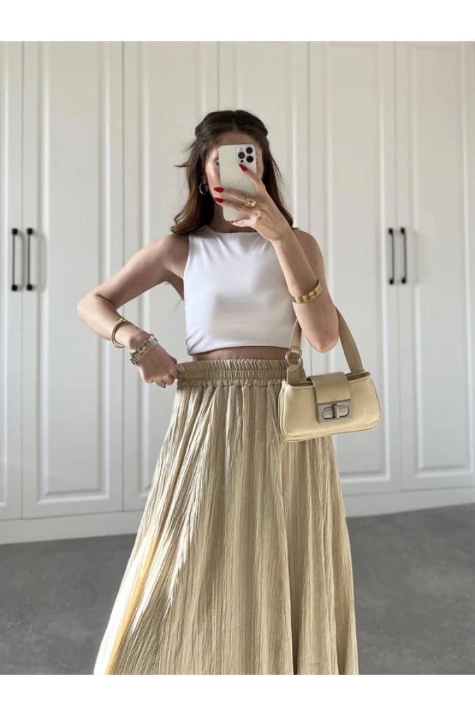 Bej Krinkıl Gofre Astarlı Etek