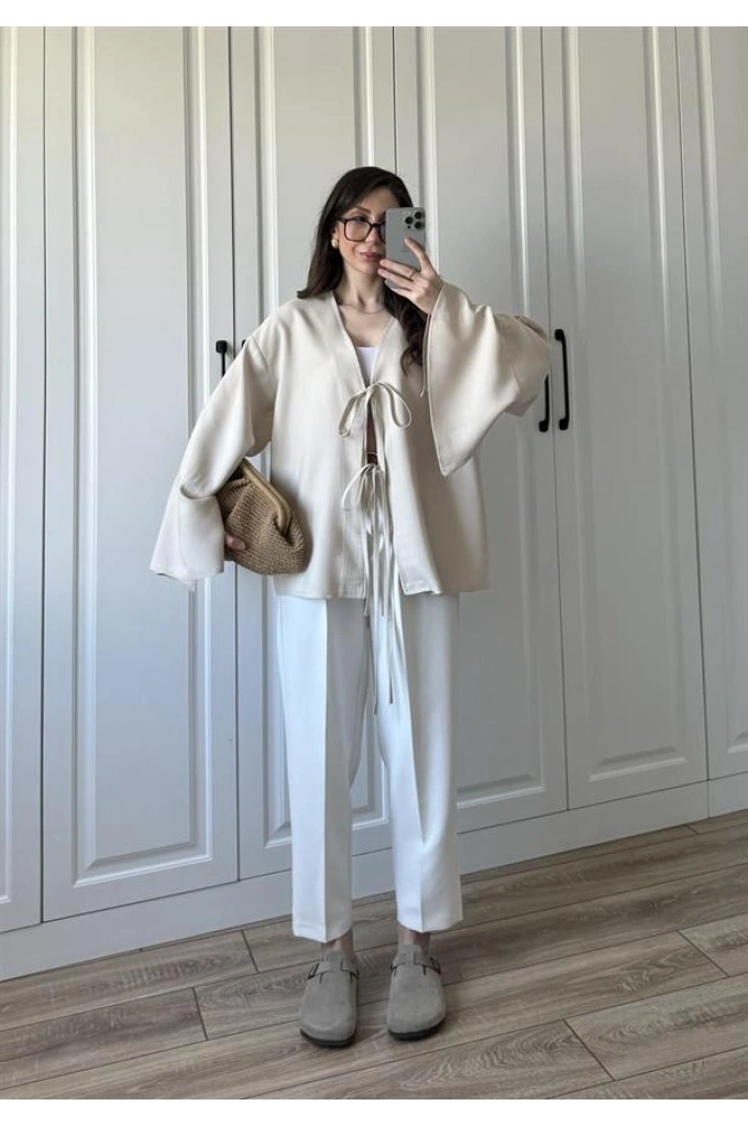 Bela Önü Bağlamalı Tasarım Kol Taş Kimono